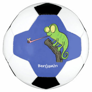 Cute funny green happy chameleon lizard cartoon soccer ball