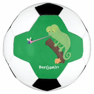 Cute funny green happy chameleon lizard cartoon soccer ball
