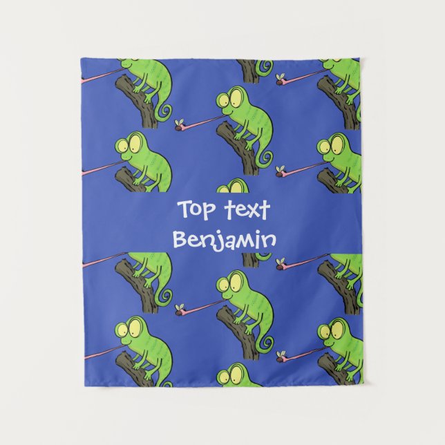 Cute funny green happy chameleon lizard cartoon tapestry (Front)