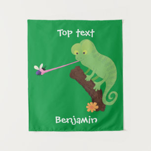 Cute funny green happy chameleon lizard cartoon tapestry