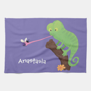 Cute funny green happy chameleon lizard cartoon tea towel