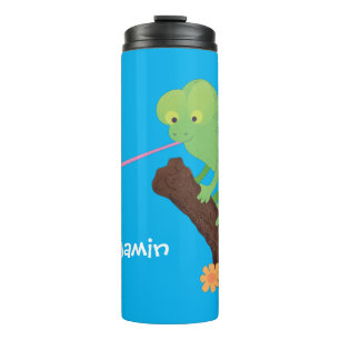 Cute funny green happy chameleon lizard cartoon thermal tumbler