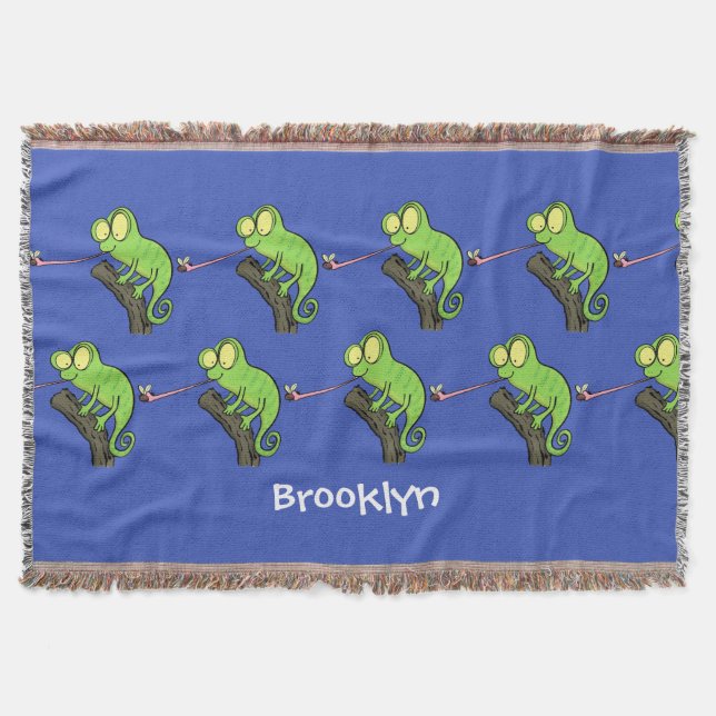 Cute funny green happy chameleon lizard cartoon throw blanket (Front)