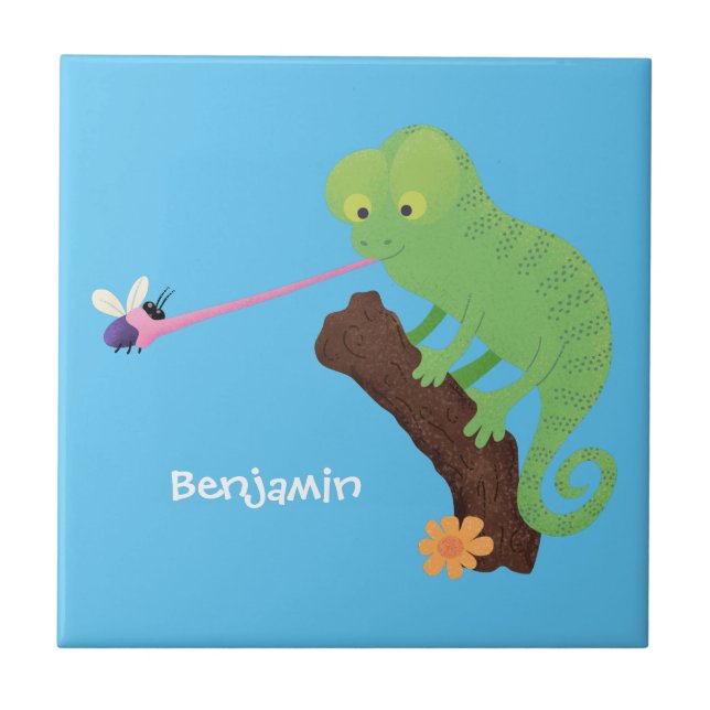 Cute funny green happy chameleon lizard cartoon tile (Front)