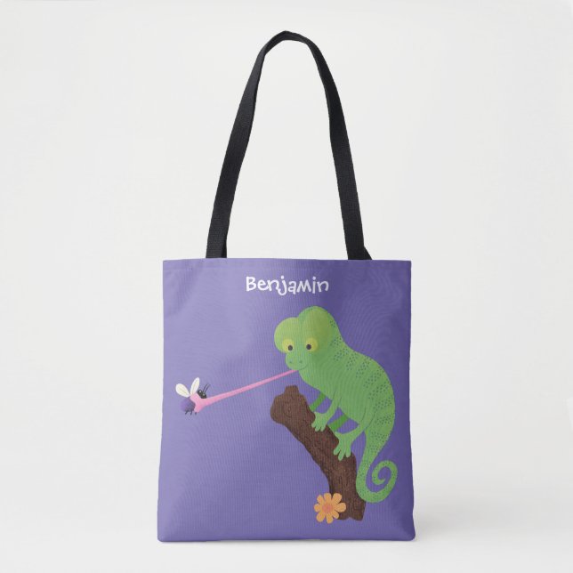 Cute funny green happy chameleon lizard cartoon tote bag (Front)