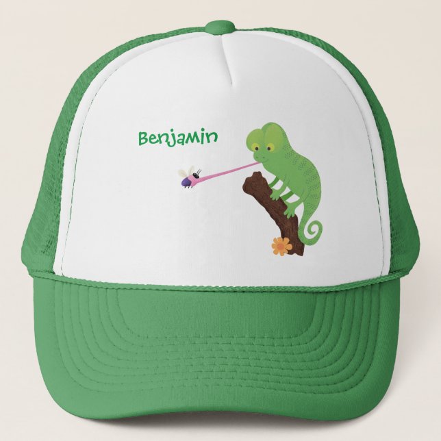Cute funny green happy chameleon lizard cartoon trucker hat (Front)