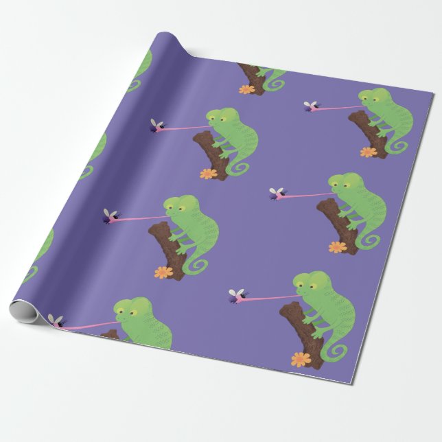 Cute funny green happy chameleon lizard cartoon wrapping paper (Unrolled)