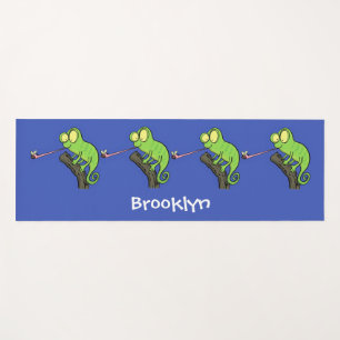 Cute funny green happy chameleon lizard cartoon yoga mat
