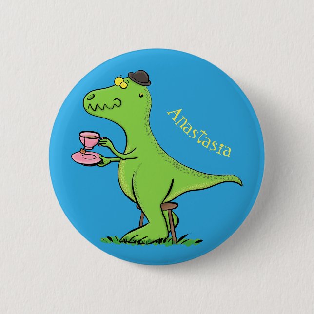 Cute funny green t rex dinosaur cartoon 6 cm round badge (Front)