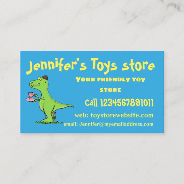 Cute funny green t rex dinosaur cartoon business card (Front)