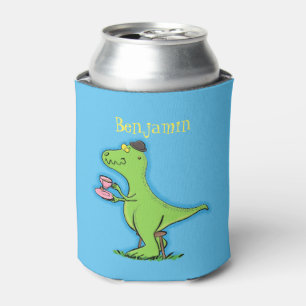 Cute funny green t rex dinosaur cartoon can cooler