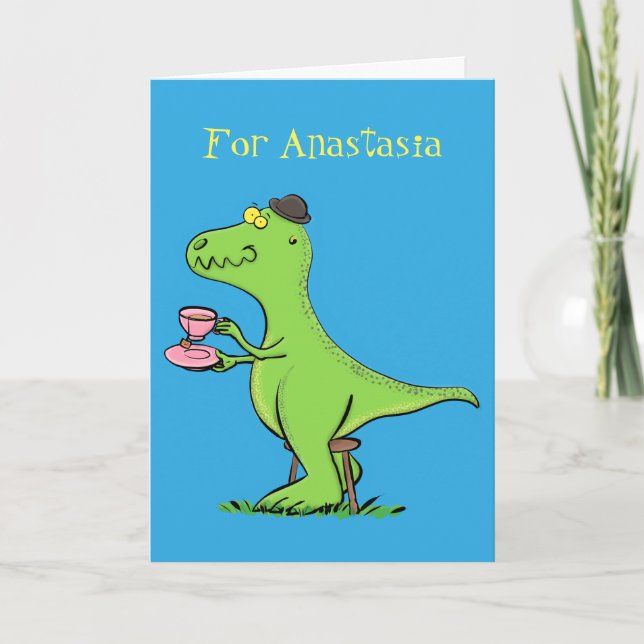Cute funny green t rex dinosaur cartoon card (Front)