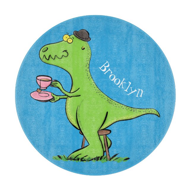 Cute funny green t rex dinosaur cartoon cutting board (Front)