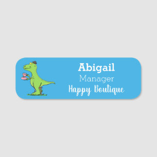 Cute funny green t rex dinosaur cartoon name tag