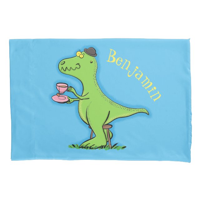 Cute funny green t rex dinosaur cartoon pillowcase (Front)