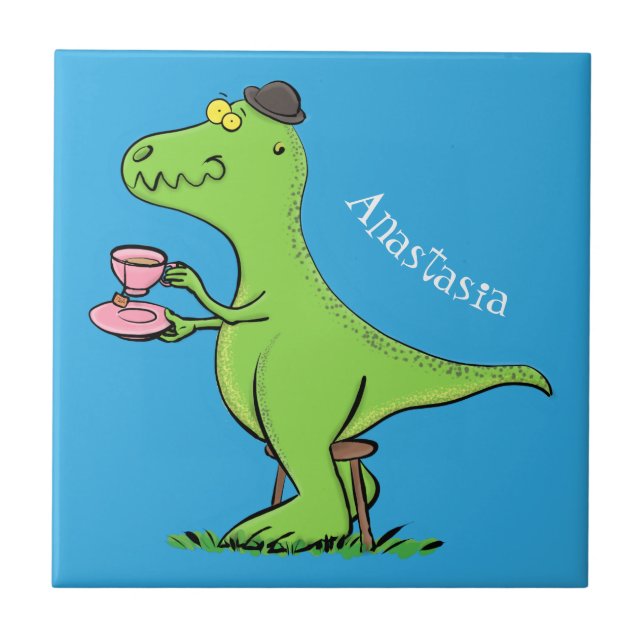 Cute funny green t rex dinosaur cartoon tile (Front)