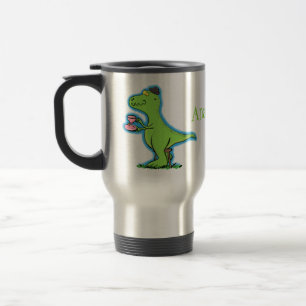 Cute funny green t rex dinosaur cartoon travel mug