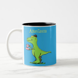 Cute funny green t rex dinosaur cartoon Two-Tone coffee mug