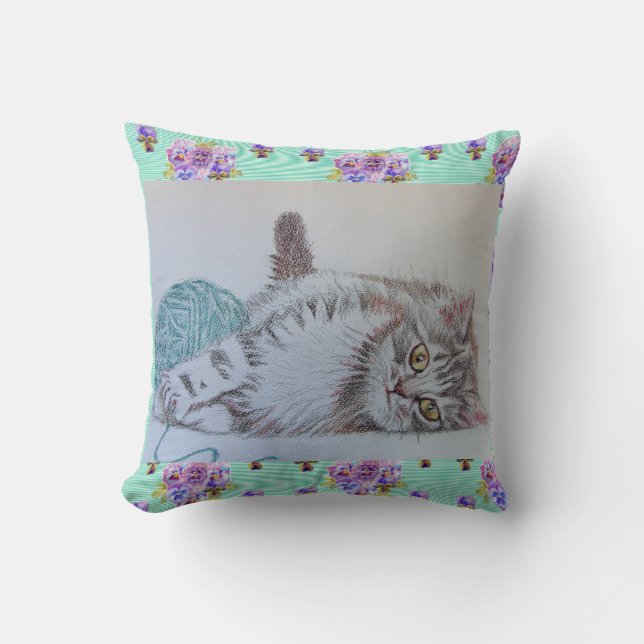 Cute Funny Grey Tabby Cat Kitten with Wool Cushion (Front)