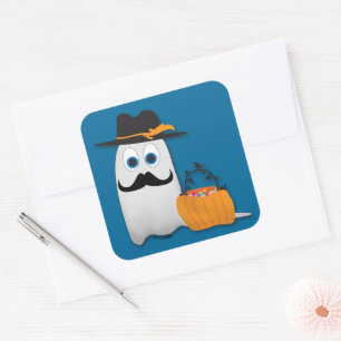 Cute funny Halloween ghost with Cool moustache Square Sticker
