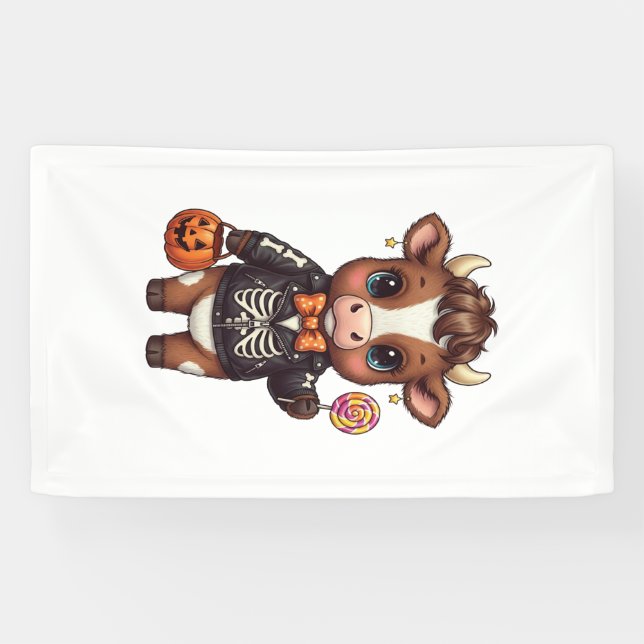 Cute Funny Halloween Highland Cow Banner (Horizontal)