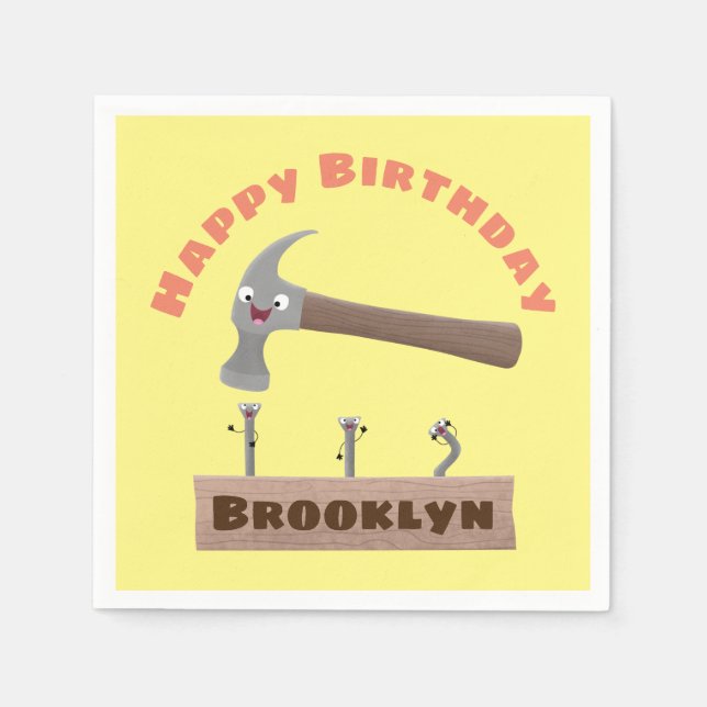 Cute, funny hammer and nails cartoon birthday napkin (Front)