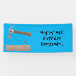 Cute, funny hammer and nails cartoon illustration banner