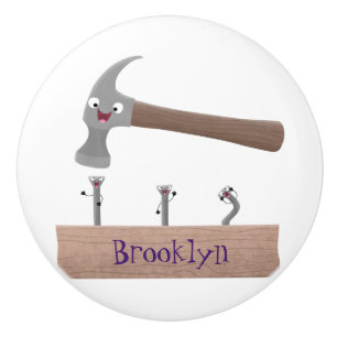 Cute, funny hammer and nails cartoon illustration ceramic knob