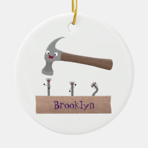 Cute, funny hammer and nails cartoon illustration  ceramic tree decoration