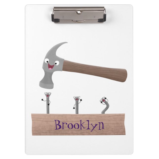 Cute, funny hammer and nails cartoon illustration clipboard (Front)