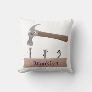 Cute, funny hammer and nails cartoon illustration cushion