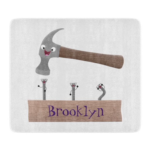 Cute, funny hammer and nails cartoon illustration  cutting board (Front)