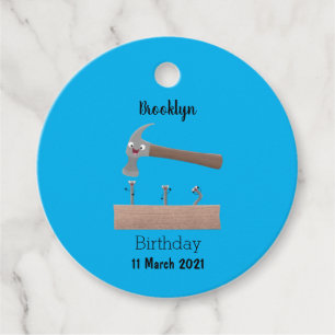 Cute, funny hammer and nails cartoon illustration favour tags