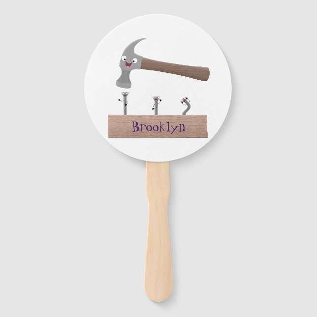 Cute, funny hammer and nails cartoon illustration hand fan (Front)