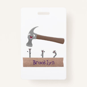 Cute, funny hammer and nails cartoon illustration ID badge