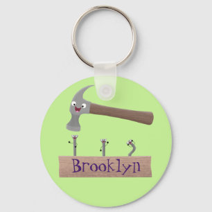 Cute, funny hammer and nails cartoon illustration key ring