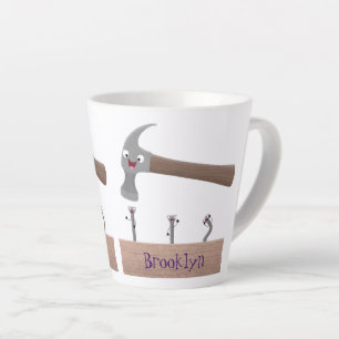 Cute, funny hammer and nails cartoon illustration  latte mug