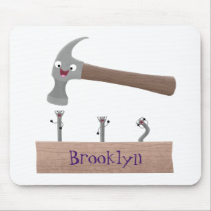 Cute, funny hammer and nails cartoon illustration mouse pad