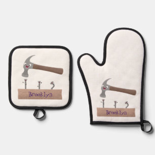 Cute, funny hammer and nails cartoon illustration oven mitt & pot holder set