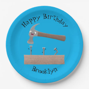 Cute, funny hammer and nails cartoon illustration paper plate