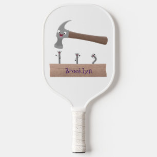 Cute, funny hammer and nails cartoon illustration  pickleball paddle