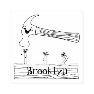 Cute, funny hammer and nails cartoon illustration rubber stamp