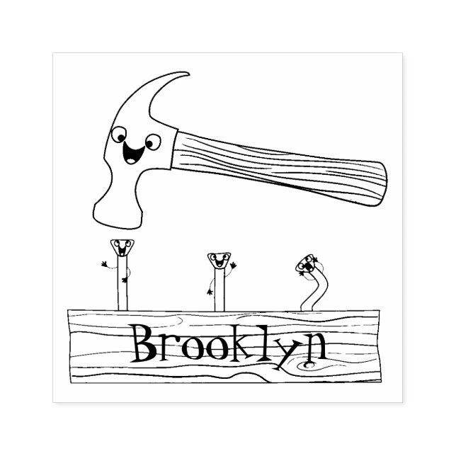 Cute, funny hammer and nails cartoon illustration rubber stamp (Imprint)