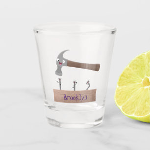 Cute, funny hammer and nails cartoon illustration shot glass