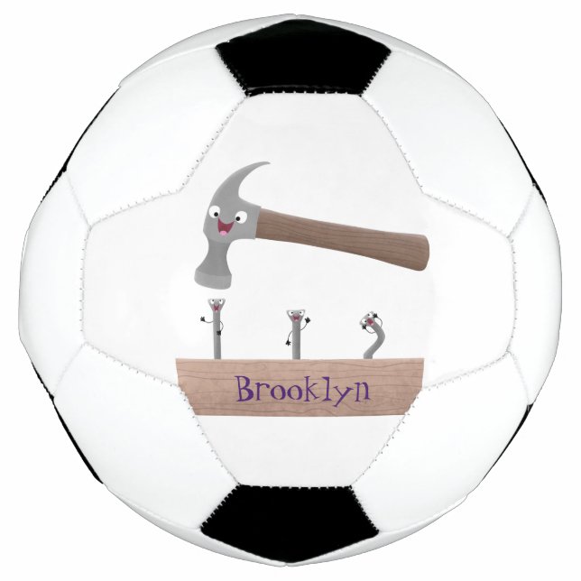Cute, funny hammer and nails cartoon illustration soccer ball (Front)