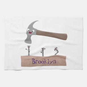 Cute, funny hammer and nails cartoon illustration tea towel
