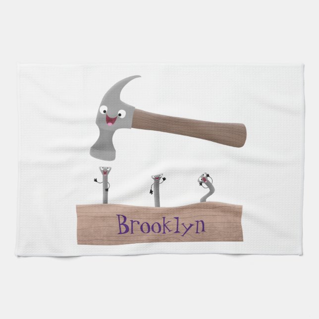 Cute, funny hammer and nails cartoon illustration tea towel (Horizontal)
