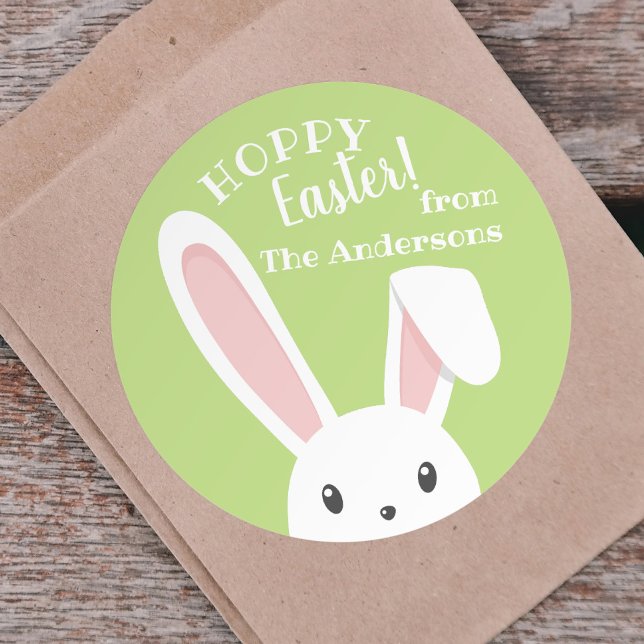 Cute funny Happy Easter Bunny Green Spring Classic Round Sticker (Creator Uploaded)