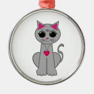Cute Funny Happy Grey Cat Metal Tree Decoration