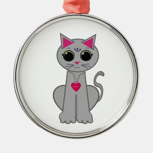 Cute Funny Happy Grey Cat Metal Tree Decoration (Front)